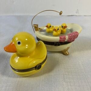 Set Of 2, Dept. 56 Rubber Ducky Limoge-Style Hinged Box & 3 Ducks in a Tub Box